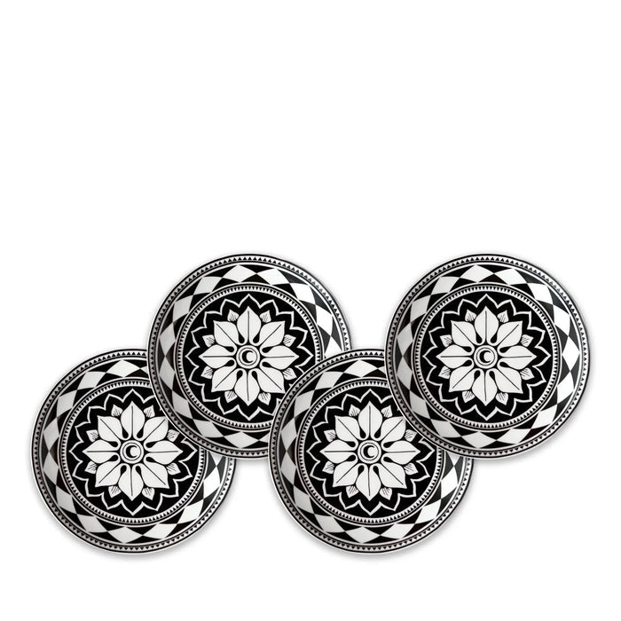 4 piece black and white pattern porcelain canape plate set. Made in the USA. Your Western Decor