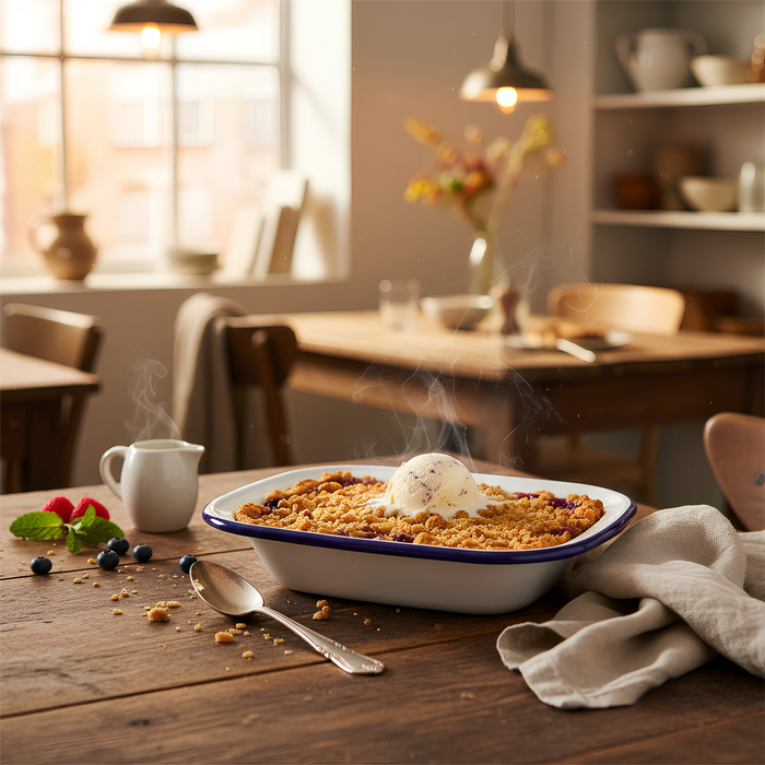 White Enamel Pie Dish - 18 x 13.5cm - Blue