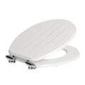 White soft-close tongue and groove MDF wood toilet seat with chrome hinges, from Harbour Housewares, product image on white background