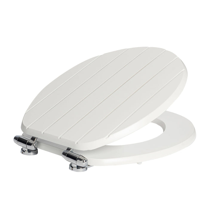 White soft-close tongue and groove MDF wood toilet seat with chrome hinges, from Harbour Housewares, product image on white background